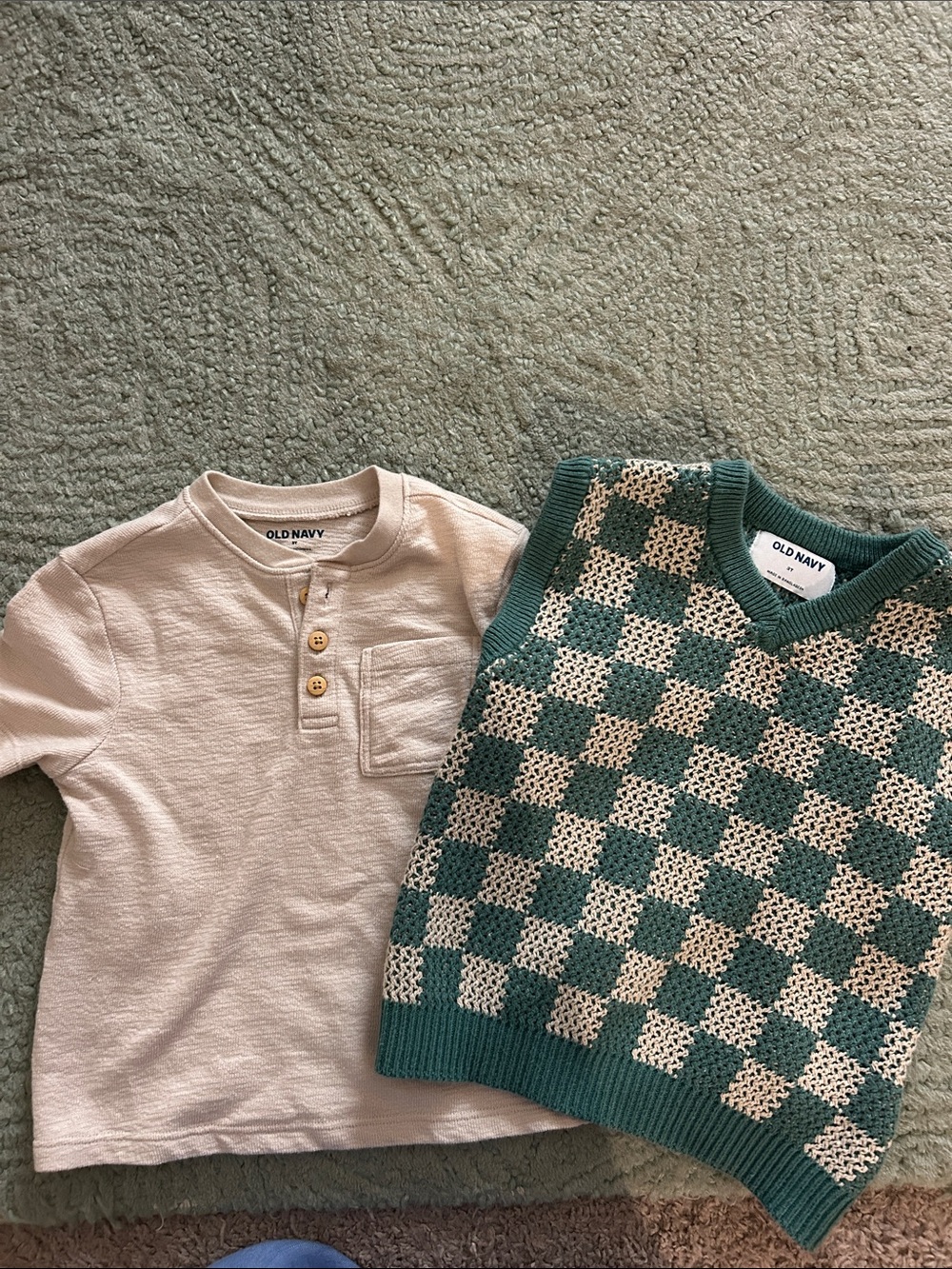 Old Navy Cream Henley Shirt with Teal and Cream Checker Knit Vest 3T